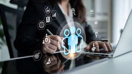 Glowing human figures surrounded by business icons representing HR data analysis, employee management, and recruitment analytics Parse