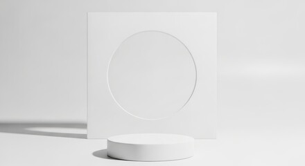 Minimal White Podium with Square Frame and Large Circle Cutout on Clean Background