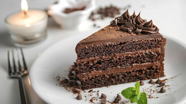 A slice of dark chocolate layer cake with frosting sits on a white plate garnished with mint chocolate chips and cocoa powder with a fork and lit candle nearby