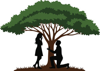 Romantic marriage proposal silhouette under a large tree couple declaring love and commitment outdoor engagement scene beautiful moment isolated on white background