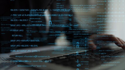 Futuristic coding scene featuring hands on a laptop keyboard with overlay of programming code and binary numbers, representing technology and innovation. Xenic