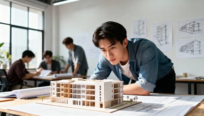 creative team developing construction design in bright architecture office