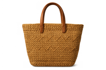 Wicker knit tote bag with leather handles and chevron pattern, summer casual fashion accessory on transparent background