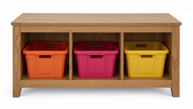 Children room furniture with wooden storage bench and colorful plastic toy organizer bins for playroom or nursery