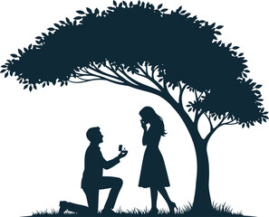Romantic silhouette of a man proposing to a woman under a large tree symbolizing love and commitment isolated on white background