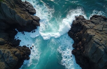 Dramatic aerial view of powerful ocean waves impacting dark rocky coastline. Turquoise water surges against jagged cliffs creating turbulent seascape. Intense coastal erosion shapes rugged shoreline