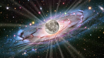 Majestic Moon orbits vibrant galaxy with radiant starbursts and cosmic nebula background space stars 4K Ai HD high quality video.