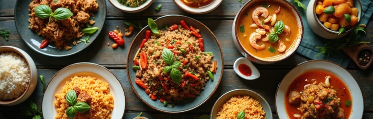 Overhead view thai dishes on wooden table. Assortment includes rice with meat vegetables. Various thai meals arranged on dark surface. Food concept represents culinary traditions with colorful