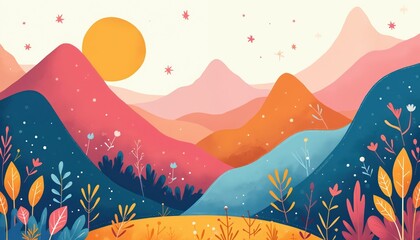 Naklejka premium Stylized drawing of layered hills and mountains under a bright sun. Colorful abstract plants and flowers grow in foreground. Simple shapes and cute design.