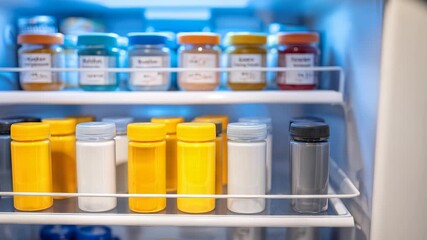 Closeup of a refrigerator interior featuring colorful, labeled jars and bottles arranged in perfect order. This image highlights efficient food storage and minimalist organization trends