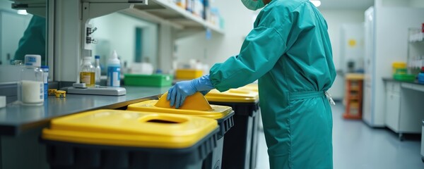 Medical pro in protective scrubs, gloves disposes waste in lab. Handles biohazard materials safely into yellow bins. Ensures strict hygiene. Practicing proper waste segregation for healthcare