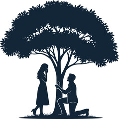 Romantic silhouette proposal under large tree couple kneeling love story outdoor evening ambiance romantic scene isolated on white background