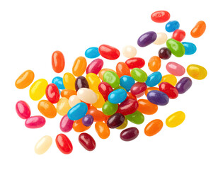 A vibrant, close-up shot of a colorful assortment of jelly beans on a transparent background