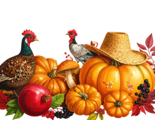 Colorful autumn harvest scene with pumpkins, a pheasant, rooster, and a straw hat