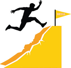 Silhouette of a determined person leaping towards a golden flag on a vibrant yellow uphill climb symbolizing success and achievement isolated on white background
