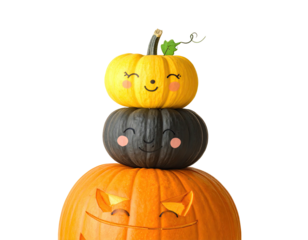Stacked, smiling pumpkins in festive Halloween colors, black backdrop