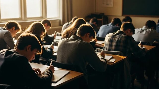 Students engaged in focused writing during an examination in a bright classroom setting