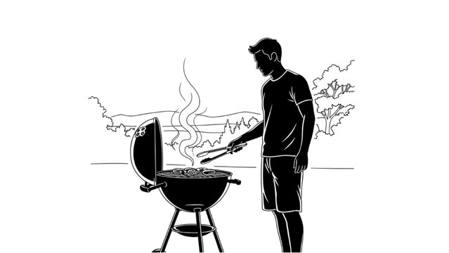 Silhouette Line Art of Person Grilling Outdoors at Summer Barbecue