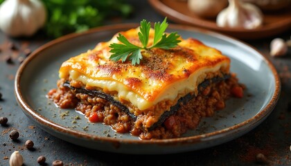 Traditional Greek moussaka layered with eggplant, minced meat, and creamy bechamel sauce, garnished with fresh parsley. Served hot on a rustic plate, this hearty dish is a classic comfort food.