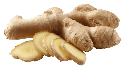 Fresh ginger root with sliced pieces showing its vibrant interior.