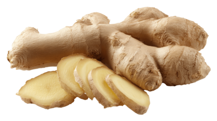 Fresh ginger root with sliced pieces showing its vibrant interior.