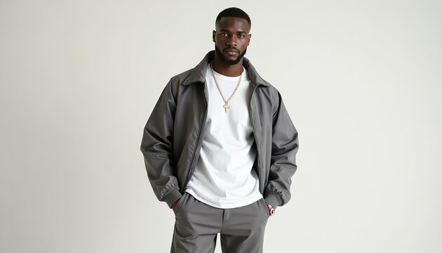 Stylish man poses in grey jacket and trousers. He wears white t-shirt with gold chain. Fashionable model presents modern casual outfit in studio. Confident guy shows off elegance and simplicity.