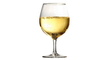 A clear glass of sparkling white wine with golden hues.