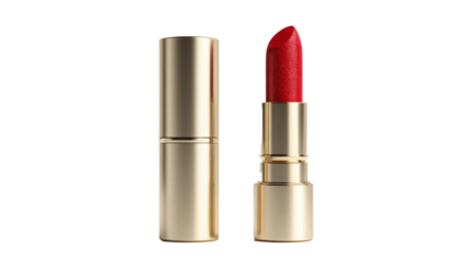 Luxurious red lipstick with a shimmering finish in an elegant gold tube.