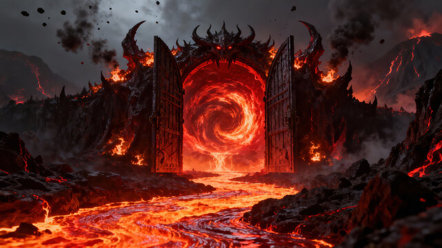 A dramatic scene unfolds with massive gates aflame, surrounded by flowing lava and dark, ominous clouds. This volcanic moment suggests a mystical realm beyond the threshold