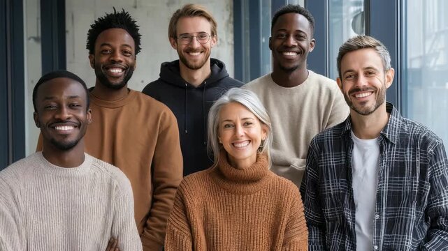 Six colleagues of different ages and backgrounds pose for a friendly group portrait in a contemporary workspace. Their cheerful expressions reflect unity, collaboration, and diversity at work