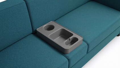 Modern children room furniture with blue sofa and builtin cup holder, practical seating solution for kids spaces