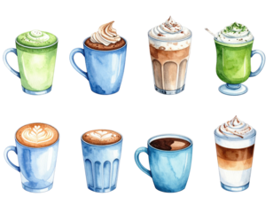 Eight watercolor coffee drinks, showcasing various styles with whipped cream and foam