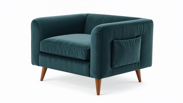 Modern children room furniture: stylish teal armchair with wooden legs and side pocket for cozy kids spaces