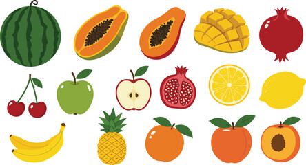 Fruit illustration set, watermelon, papaya, mango, pomegranate, apple, cherry, lemon, peach, banana, pineapple, colorful food vector © Mostafijur