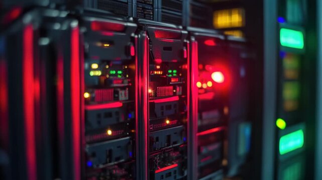 Video Row of servers in a data center or server room setup with racks and cabling