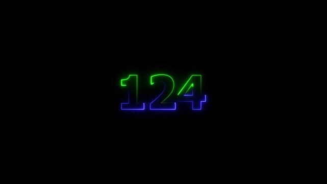 Neon glowing text 124 number icon on a black background animation.  glowing green and purple neon 124 number. 4k video.