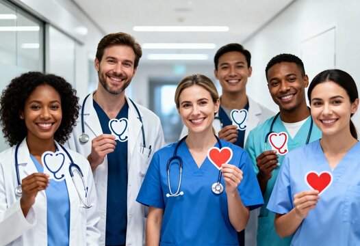 happy medical staff standing together promoting care and wellness - Powered by Adobe