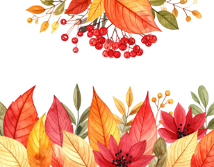 Watercolor depiction of colorful fall foliage, berries, and flowers on a transparent background
