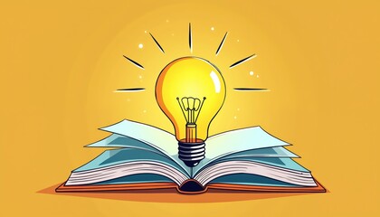 Open book radiates bright light from glowing bulb. New ideas bloom from reading and knowledge. Conceptual art about learning, wisdom, and innovation.