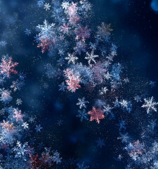 Christmas winter concept with frozen snowflakes on dark blue background.