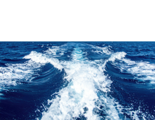 A boat's frothy wake against the dark blue water, moving away from viewer