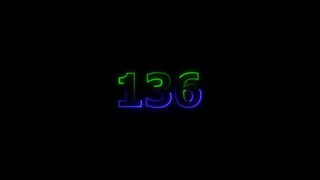 Neon glowing text 136 number icon on a black background animation.  glowing green and purple neon 136 number. 4k video.