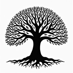 Fototapeta premium Black silhouette tree shows life concept. Design features branches leaves, roots. Simple tree visual art displays nature art with organic, eco symbol on white backdrop. Tree symbol for tattoo print.