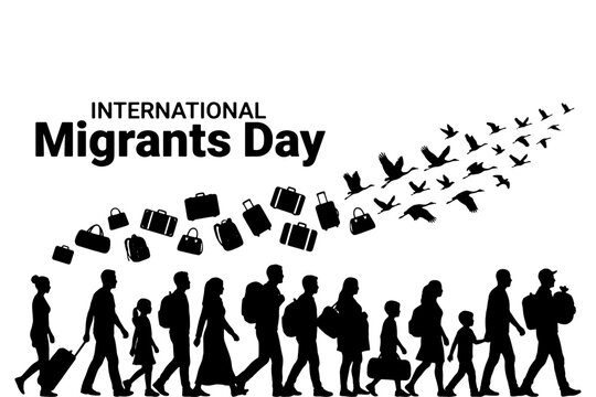 silhouettes of International Migrants Day,
International Migrants Day Concept,
Silhouettes and Birds Representing Migration Vector