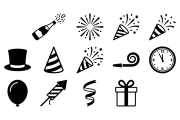 set of new year icons,
New Year&rsquo;s Eve Icons Set,
Champagne Bottle, Fireworks, and Party Favors on White Background