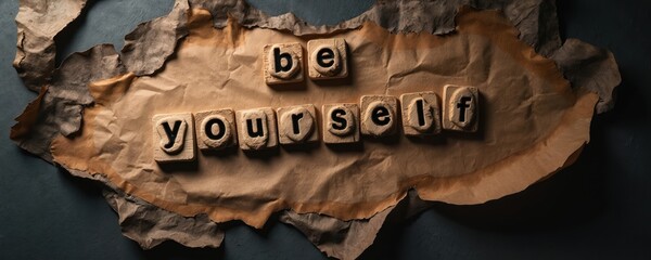 Message On wooden blocks placed on textured paper. Concept of self acceptance, confidence, motivation. Encouragement to live authentic life on worn textured background. Promote individualism values