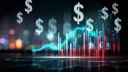 Dynamic bar chart with neon lights and currency icons illustrates financial growth, trading, and technology. Abstract background highlights innovation in global finance and analytics - Powered by Adobe