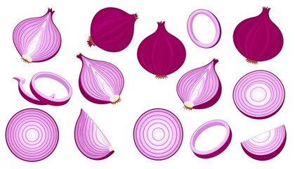 Set of various sliced red onions