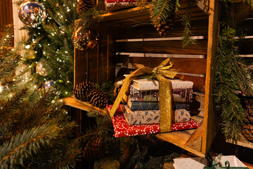 Christmas Books Gift In Rustic Wooden Crate