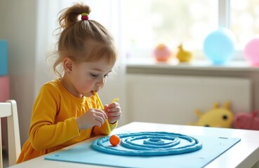 Little girl learns oral motor skills using playdough straw maze. Child blows orange ball through labyrinth, fun home activity for development. Engaged kid plays educational game, boosts concentration.